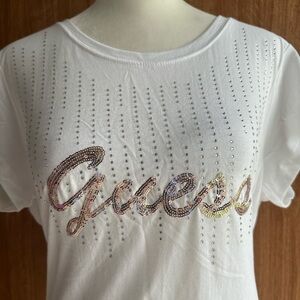 White & Silver Rhinestone Sequins GUESS Tee